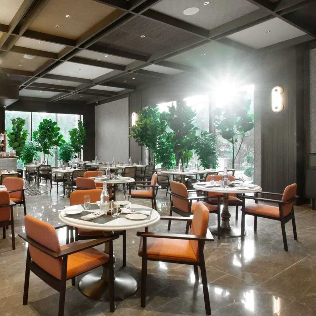 Un restaurant spacieux avec des tables rondes et des chaises orange, de grandes fenêtres et des plantes d’intérieur.