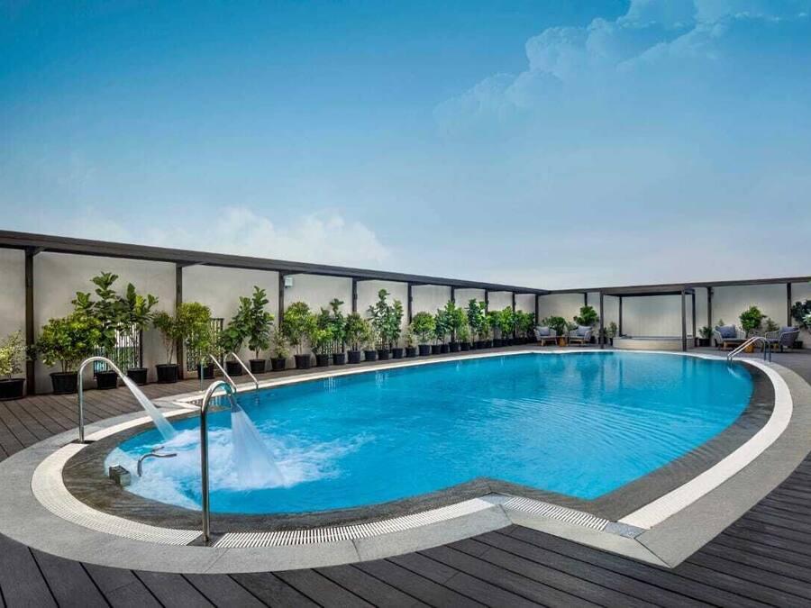 Una piscina en la azotea con terraza de madera, rodeada de plantas en macetas y sillones de descanso.