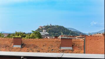 A view of a hilltop building with a dome, surrounded by greenery and other buildings.