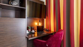 In-room safe, laptop workspace, blackout drapes, soundproofing