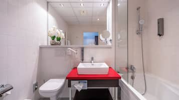 Bathtub, deep-soaking bathtub, hair dryer, towels
