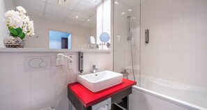 Bathtub, deep-soaking bathtub, hair dryer, towels