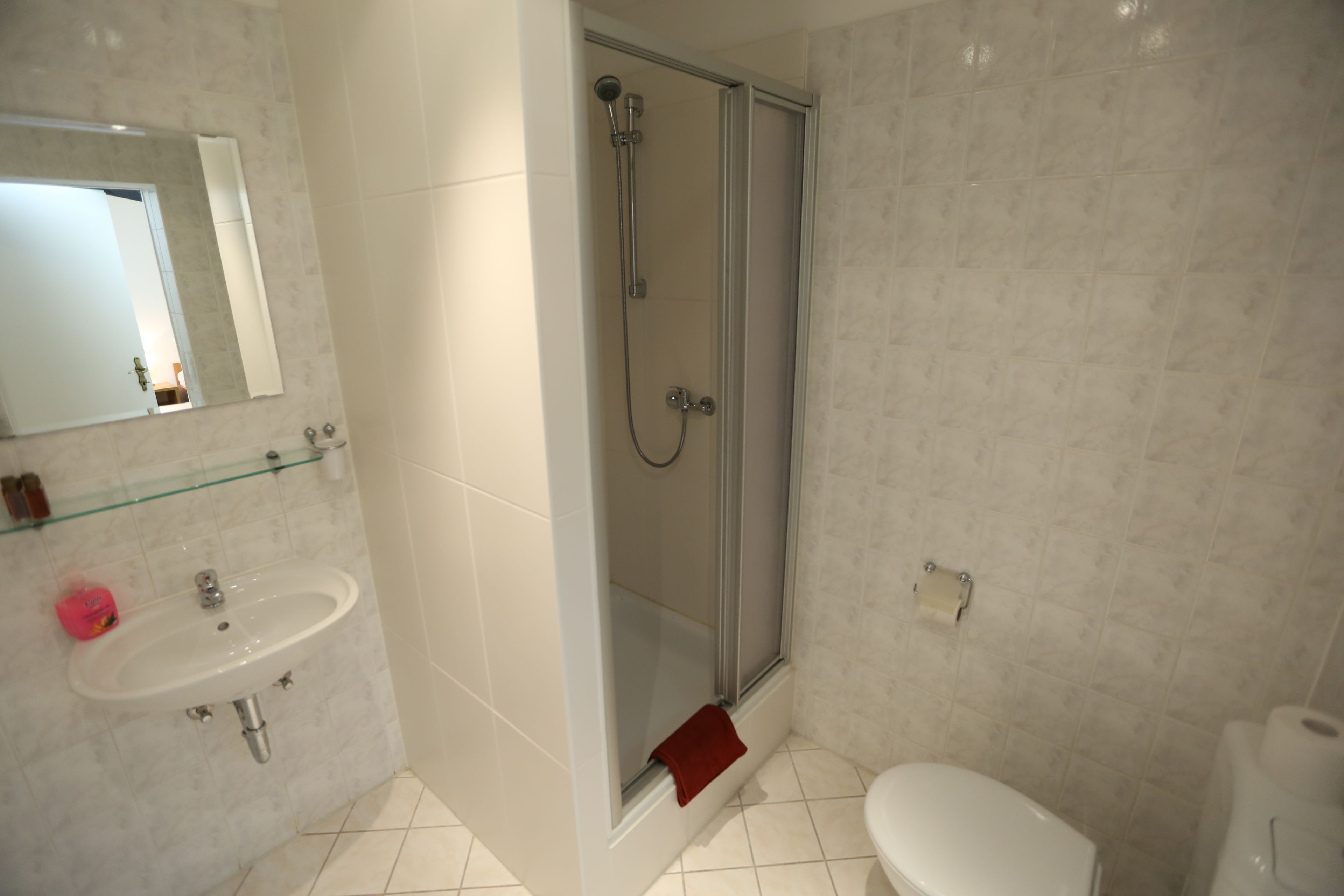 A bathroom with a glass-enclosed shower, a sink, and a toilet.