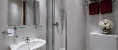 A modern bathroom with a glass shower enclosure, a white sink, and a toilet.