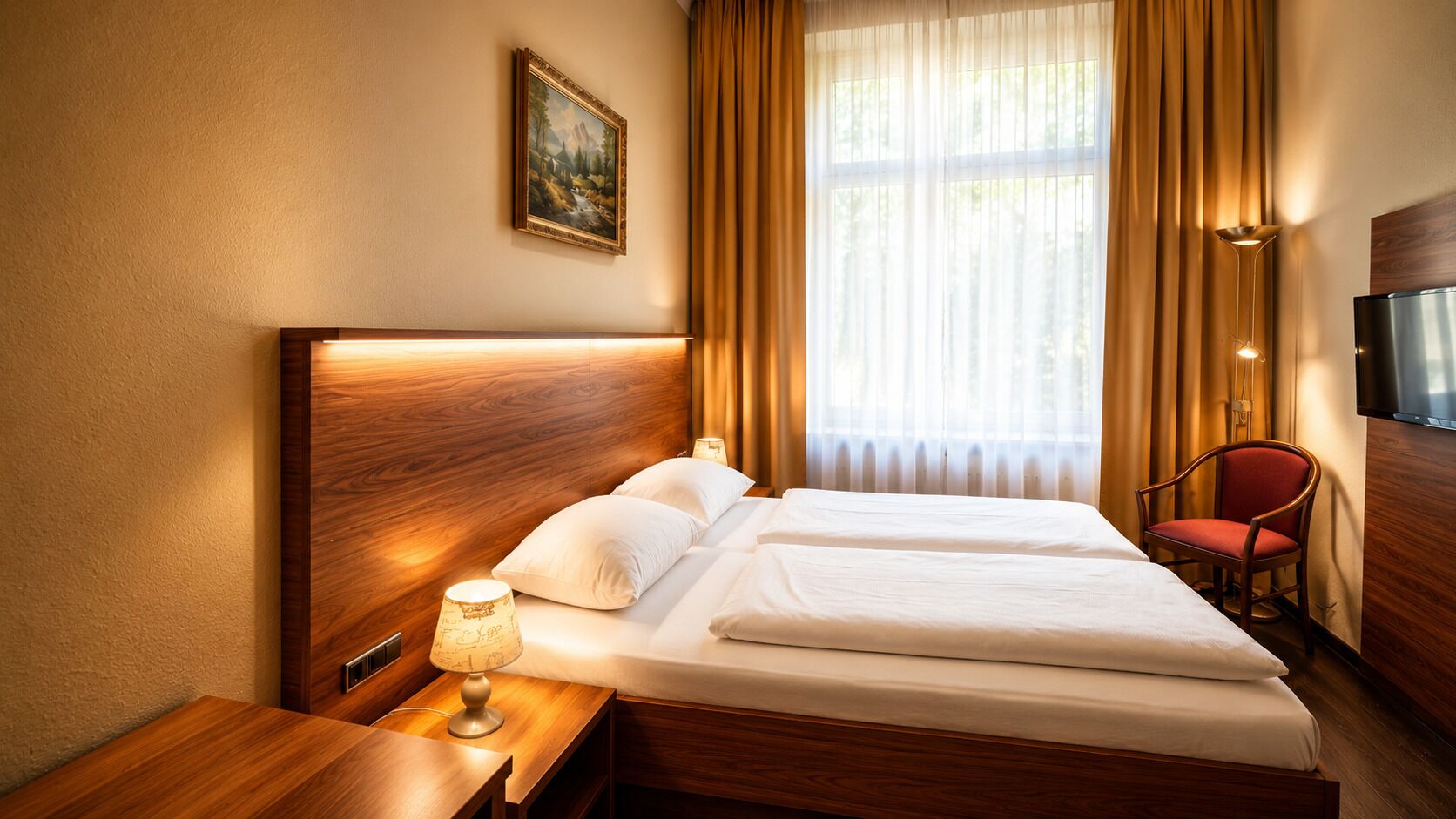 A hotel room with a wooden headboard, a bed with white linens, a bedside table with a lamp, a red chair, and a television on the wall.