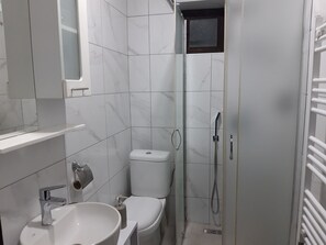 Separate bathtub and shower, hair dryer