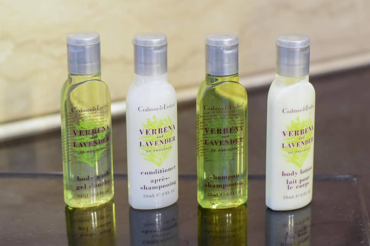 combined shower/bathtub, rainfall showerhead, designer toiletries