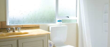 Une salle de bain avec des toilettes, un lavabo et une fenêtre.