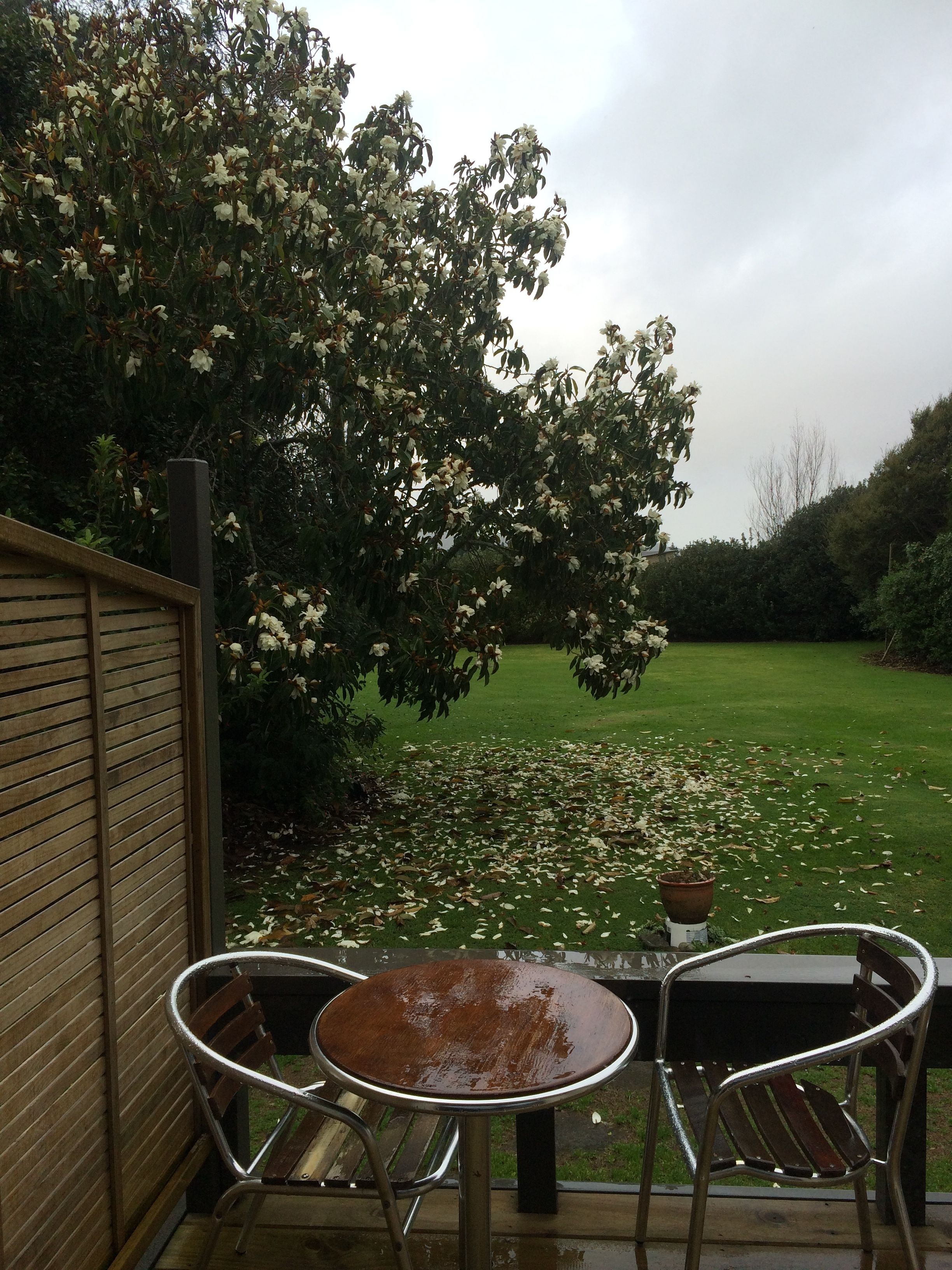A patio with a round table and two chairs, overlooking a grassy area with trees and a wooden fence.