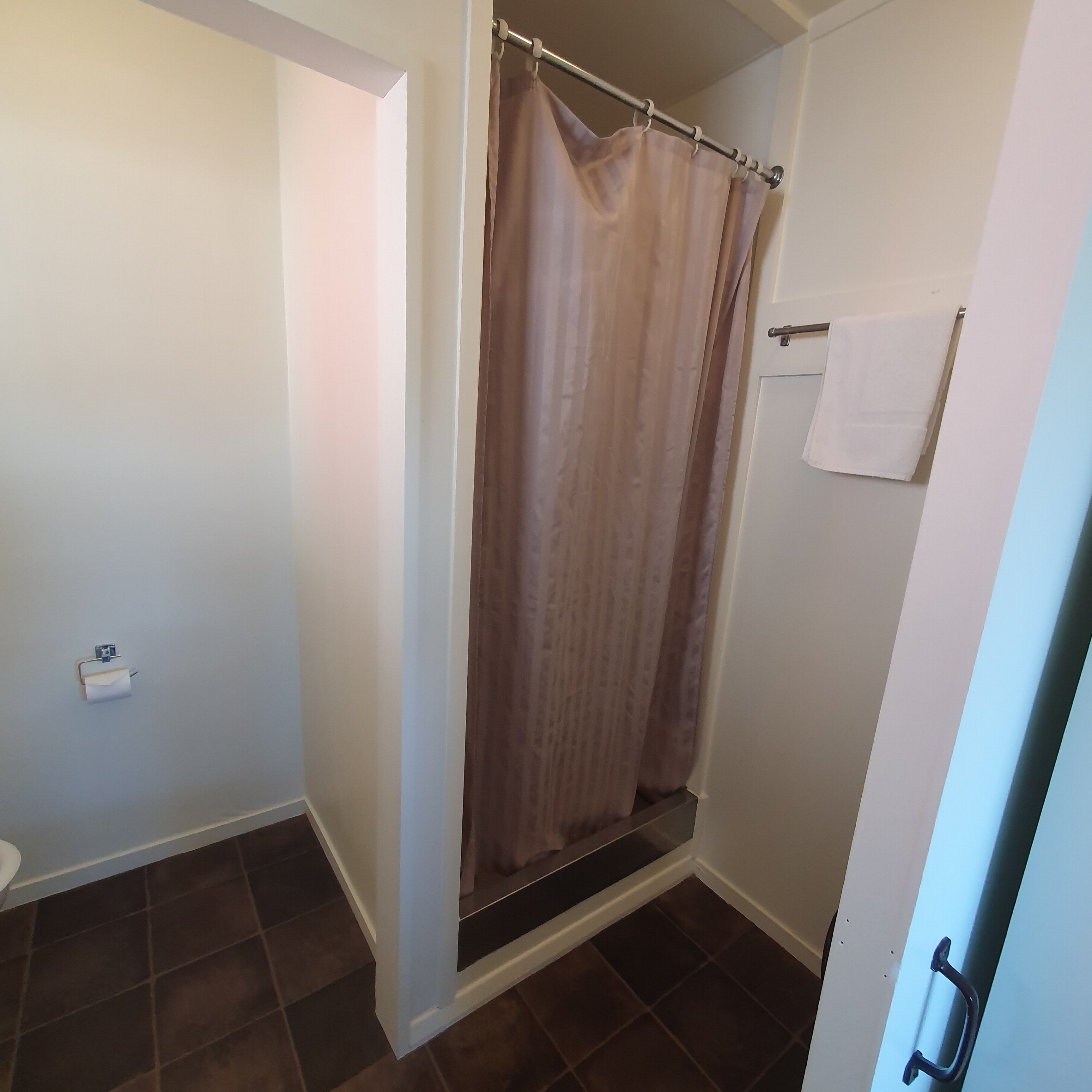 Un baño con cortina de ducha, perchero para toallas y dispensador de papel higiénico.