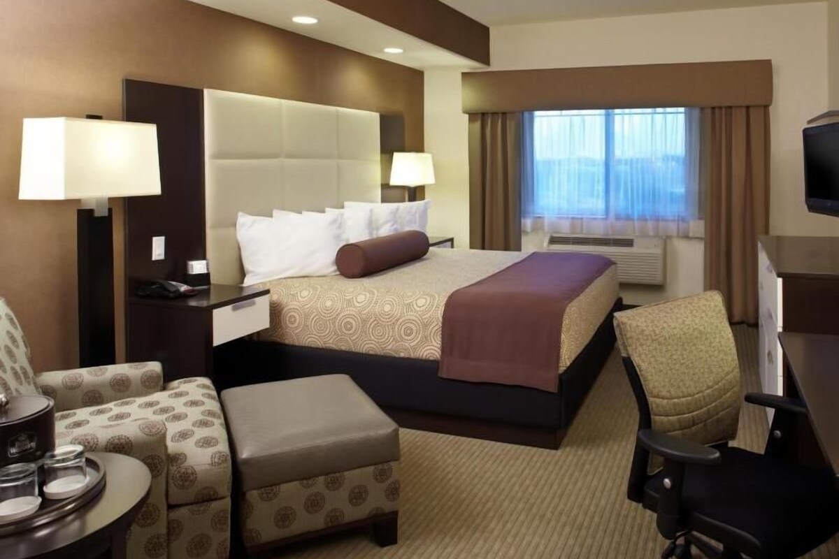 Quarto de hotel com cama, duas mesas de cabeceira, escrivaninha, poltrona, sofá e televisão.