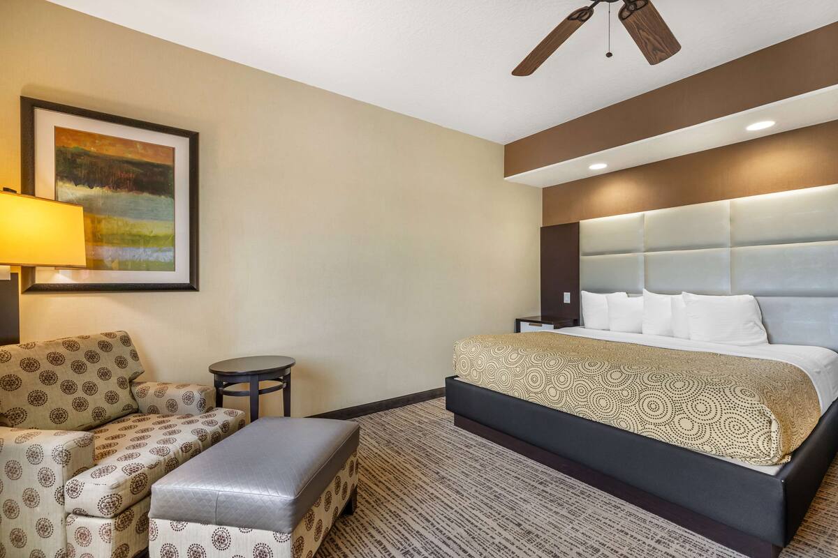 Une chambre d’hôtel avec un grand lit, un canapé, une petite table, une lampe et un ventilateur de plafond.