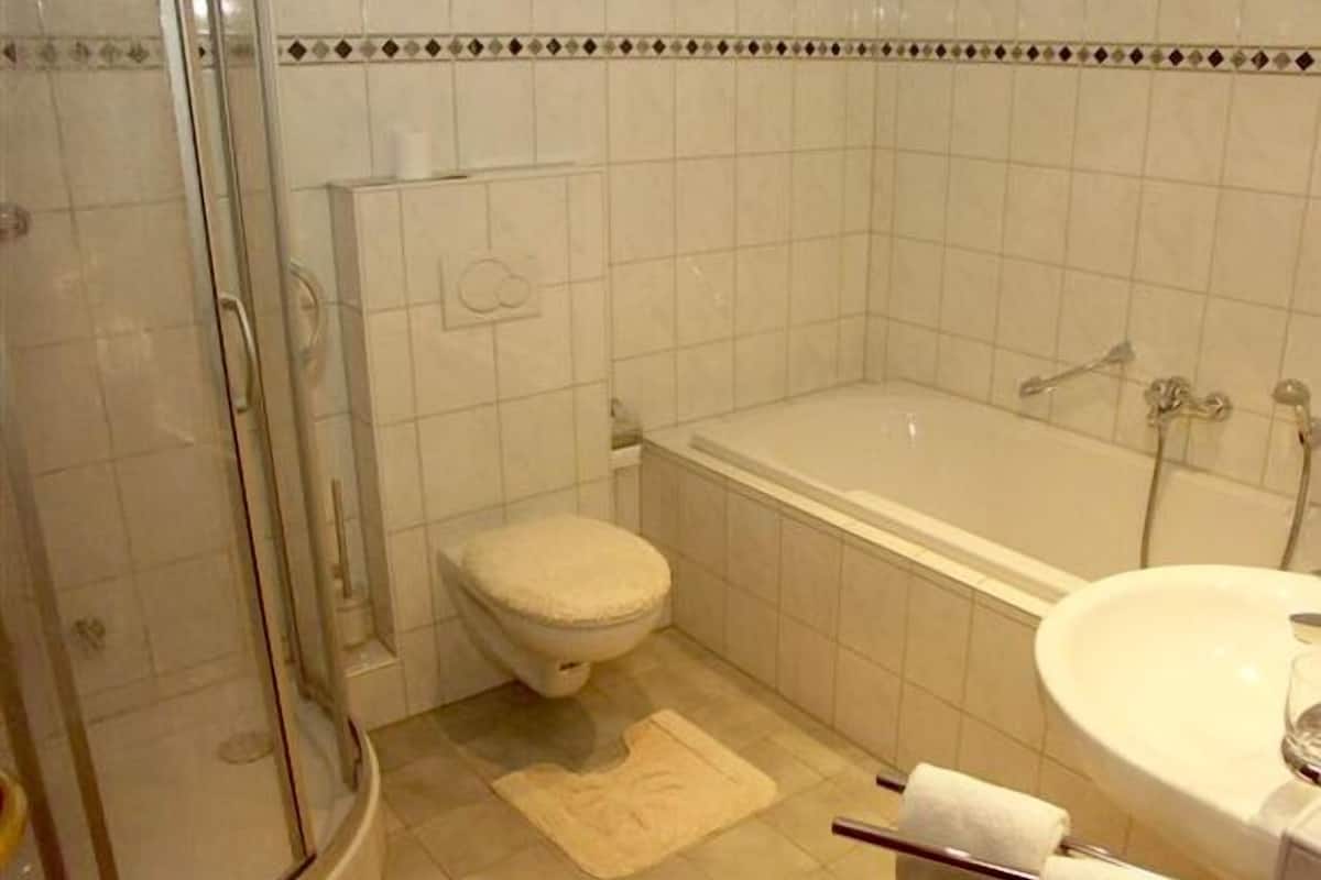 A bathroom with a glass-enclosed shower, a toilet, and a bathtub.