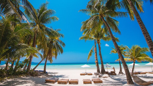 A beach with palm trees, sun loungers, and umbrellas. - Fridays Boracay Resort (Boracay Island)