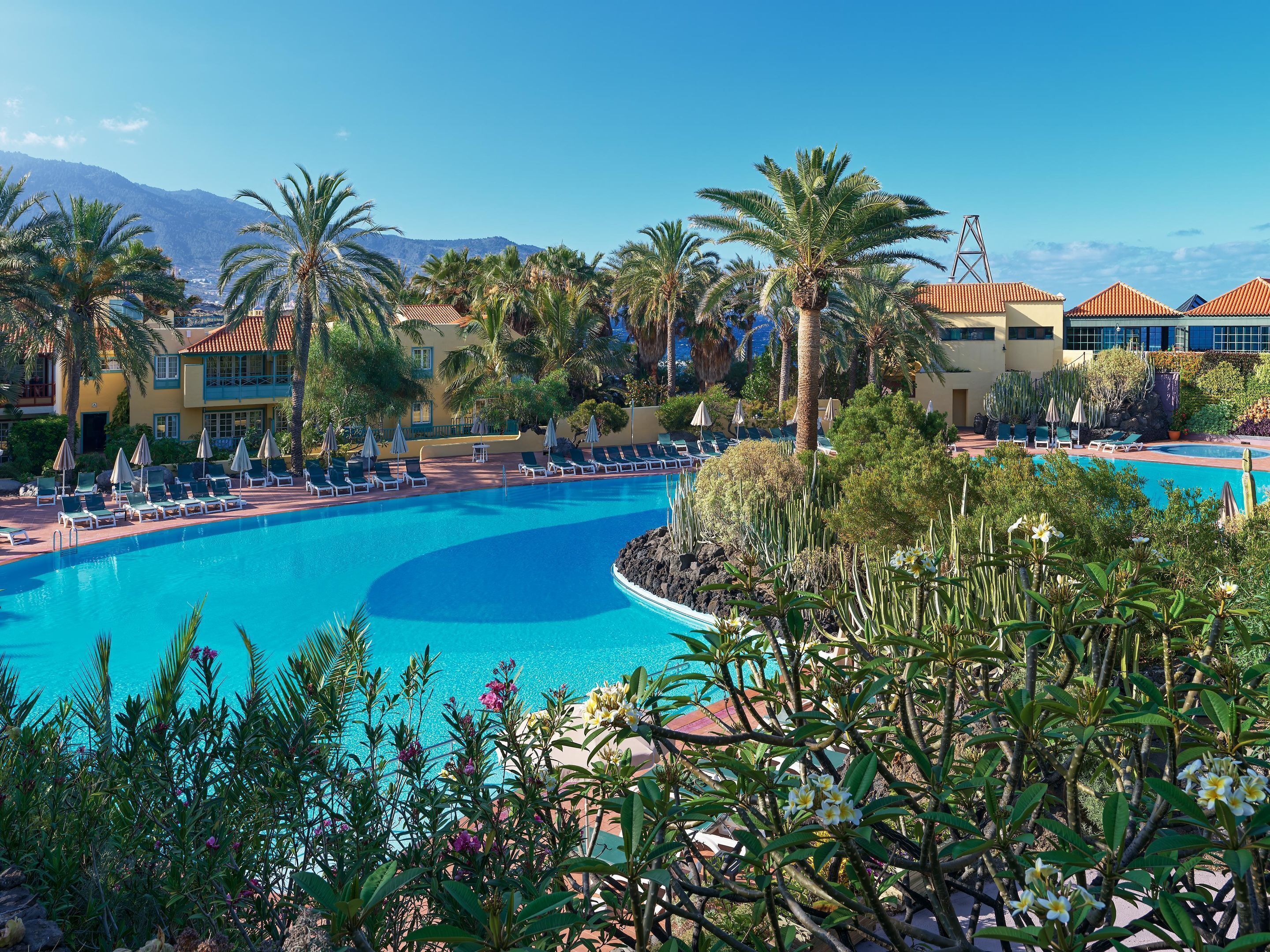 Une piscine de complexe hôtelier avec des chaises longues et des palmiers.