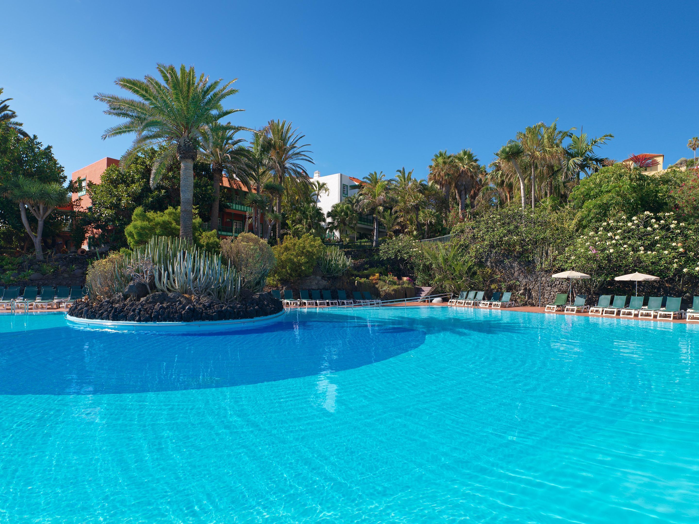 A clear blue pool surrounded by palm trees and lush greenery, with lounge chairs and a stone wall in the background.