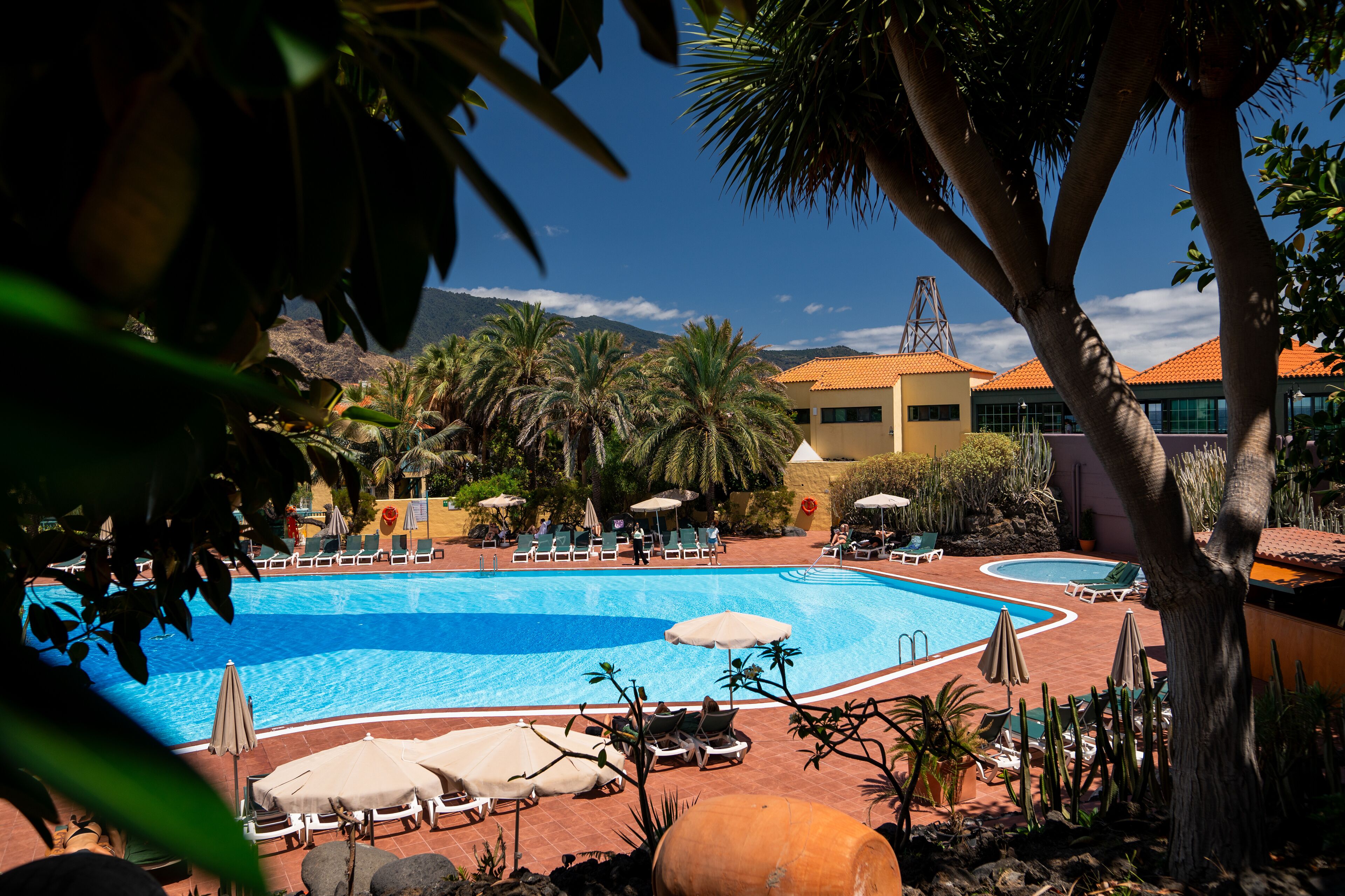 Ein Pool mit Liegestühlen und Sonnenschirmen, umgeben von Palmen und einem Berg im Hintergrund.