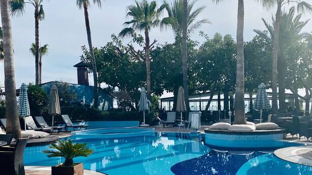 Una piscina con bordes de azulejos, rodeada de palmeras y sillones de descanso.