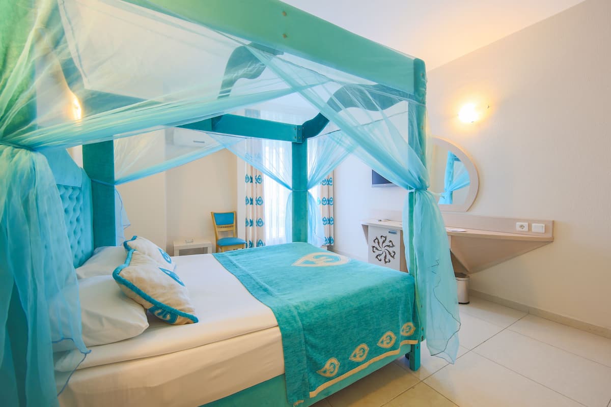 A bed with a canopy, a bedside table, a chair, a mirror, and a small cabinet.