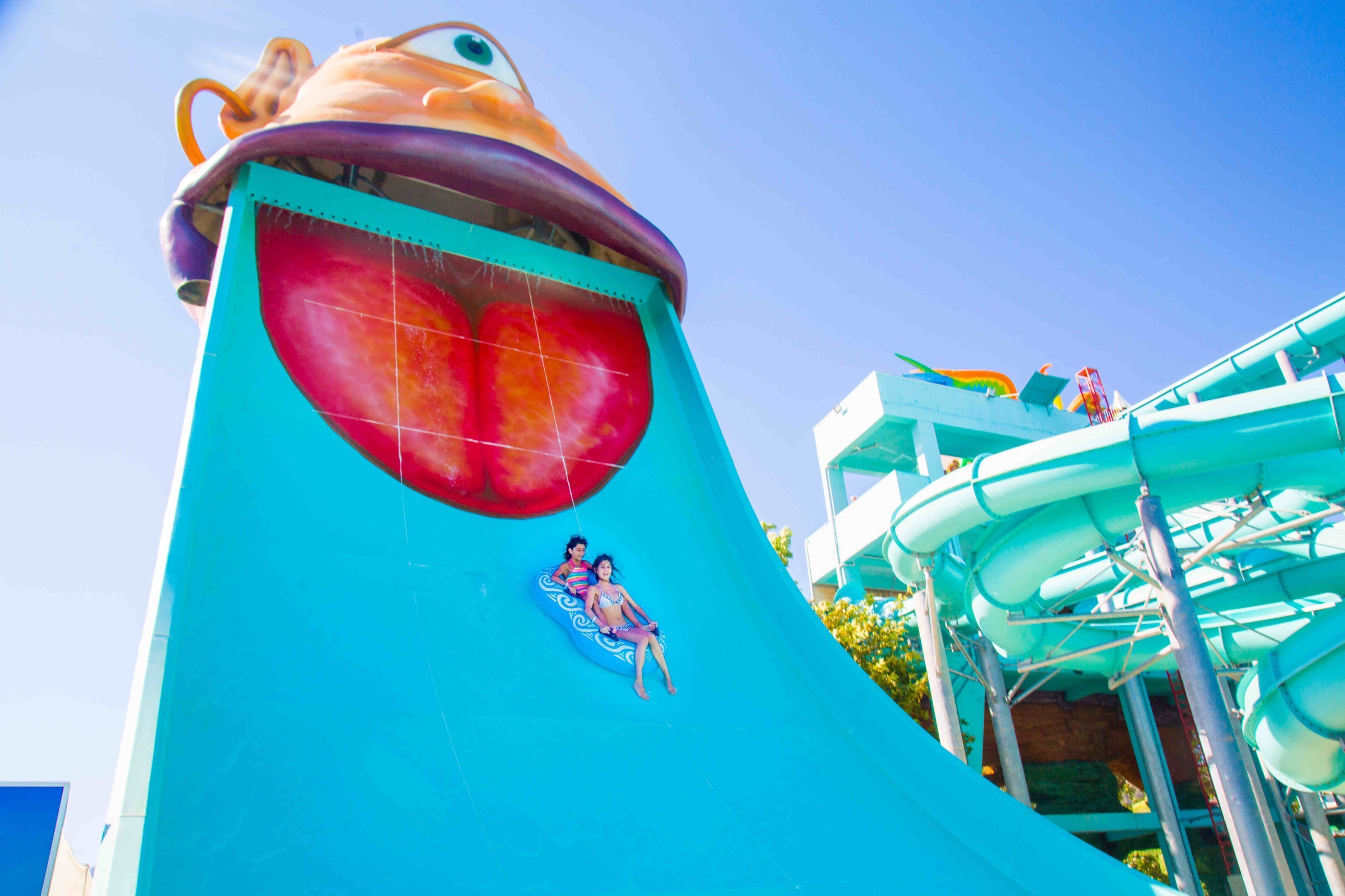 A water slide with a large fish design and a person sitting on the slide.