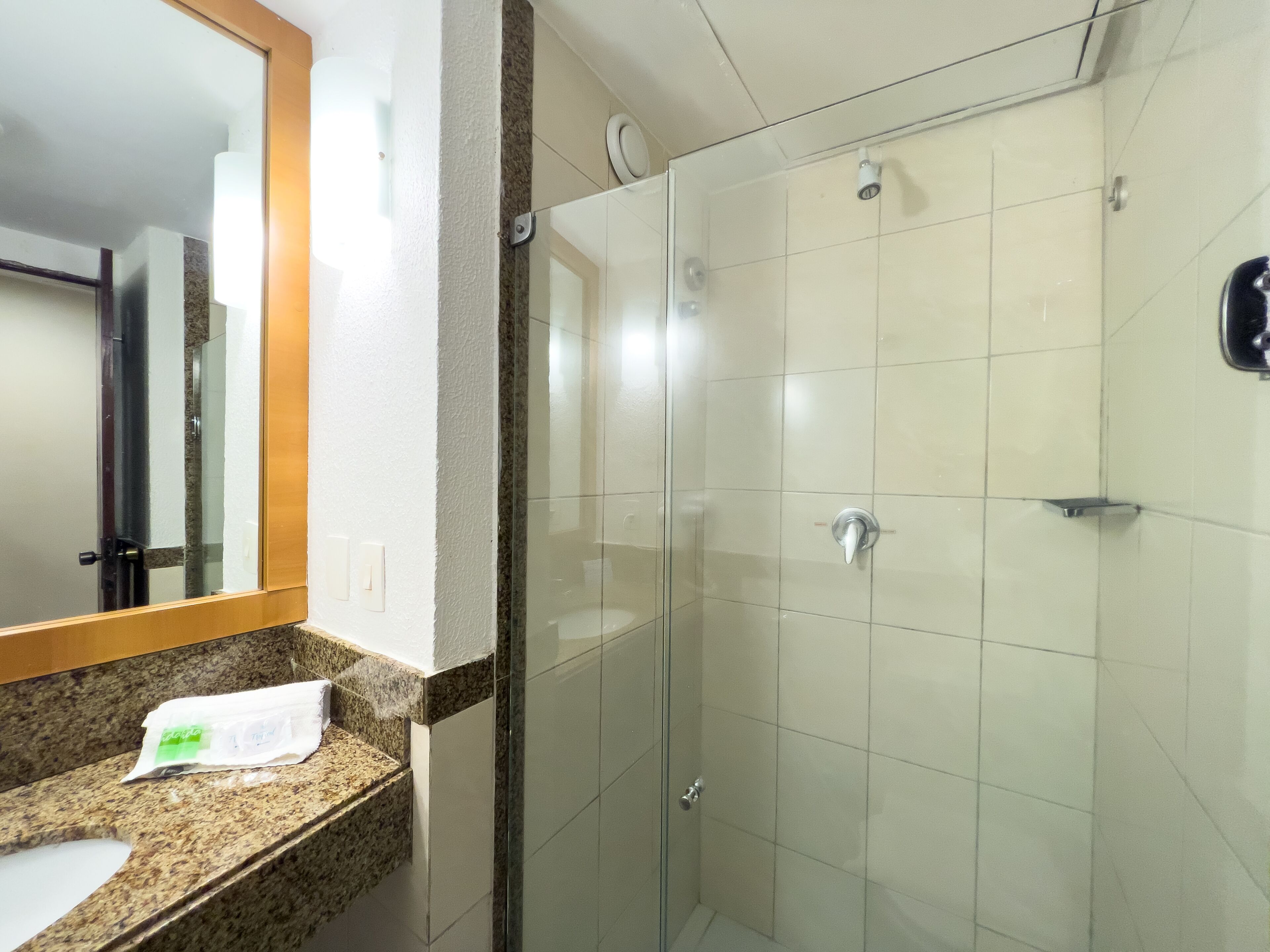 A hotel bathroom with a glass-enclosed shower, a granite countertop, and a mirror above the sink.