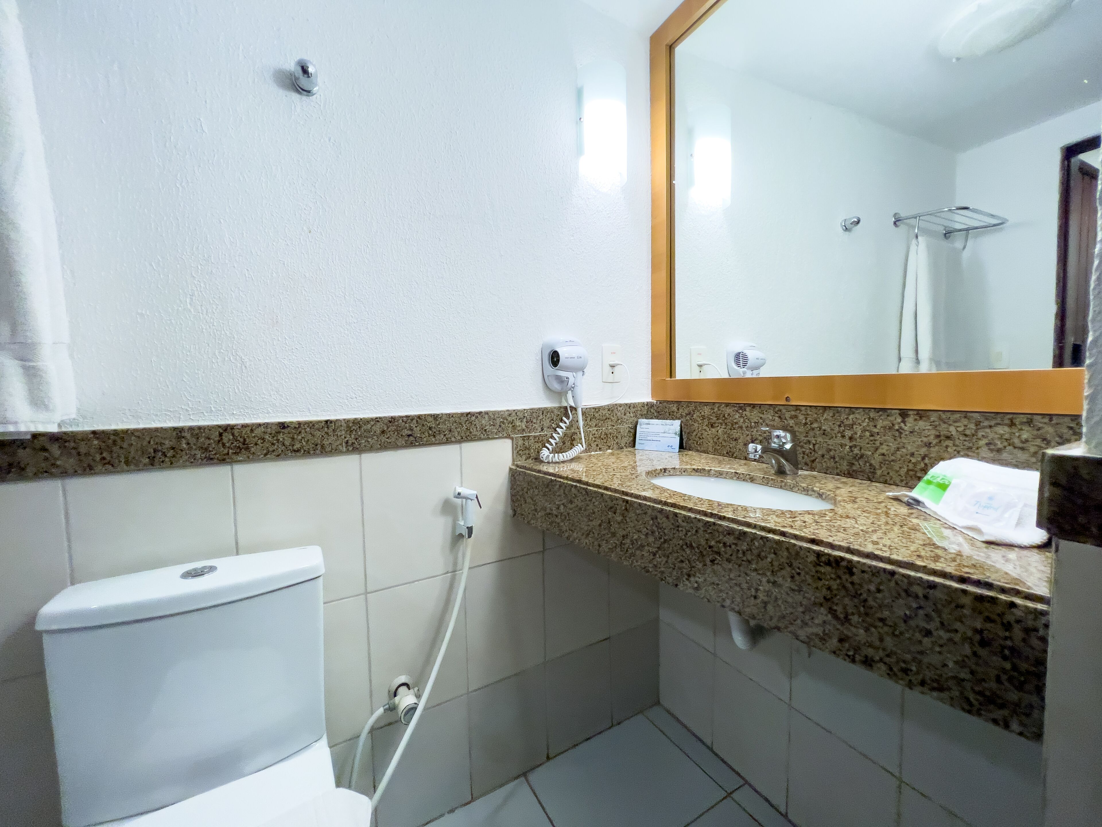 A bathroom with a toilet, sink, and mirror.