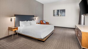 Una habitación de hotel con cama, mesitas de noche, televisión, un cuadro y un escritorio.