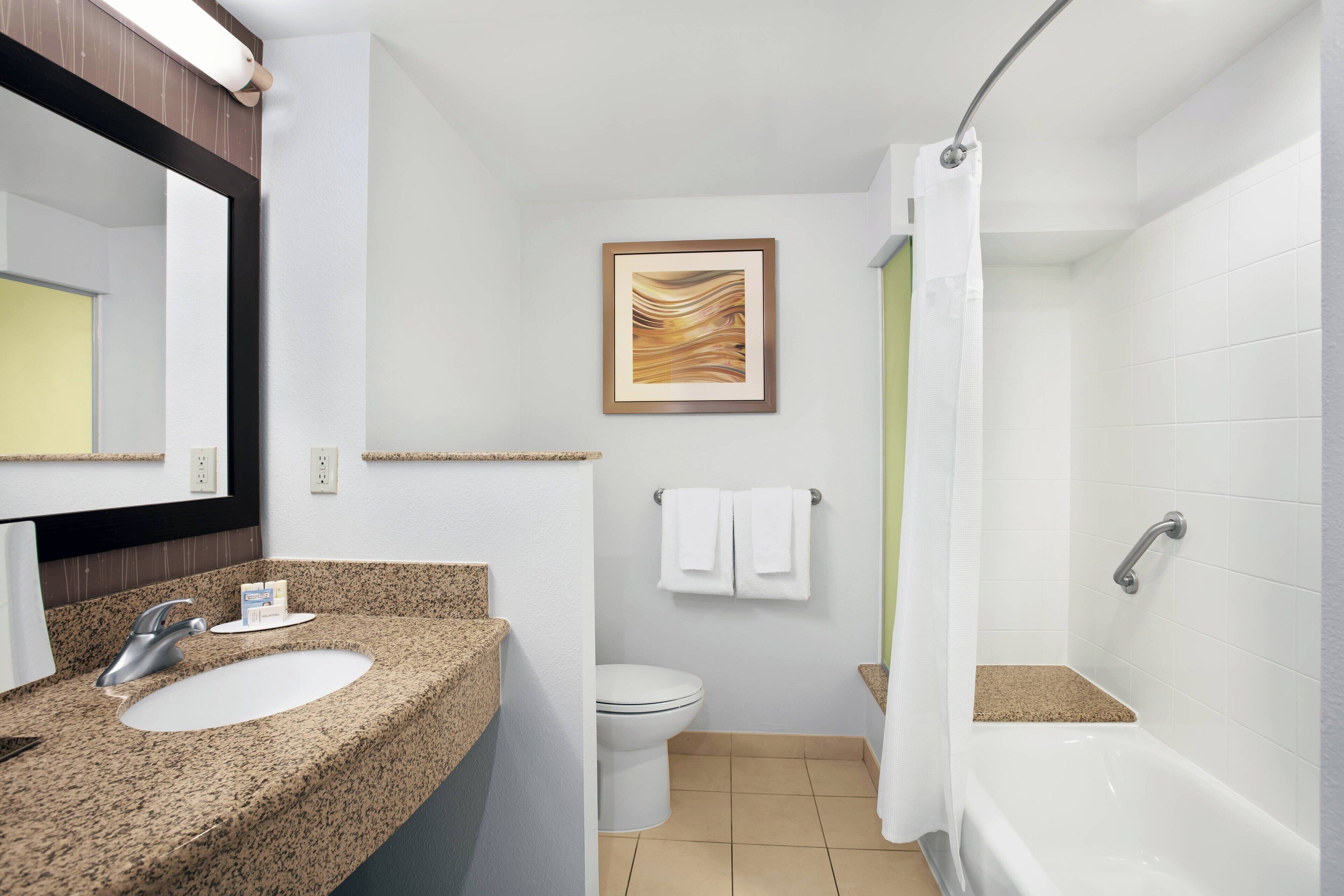 combined shower/bathtub, free toiletries, hair dryer, towels