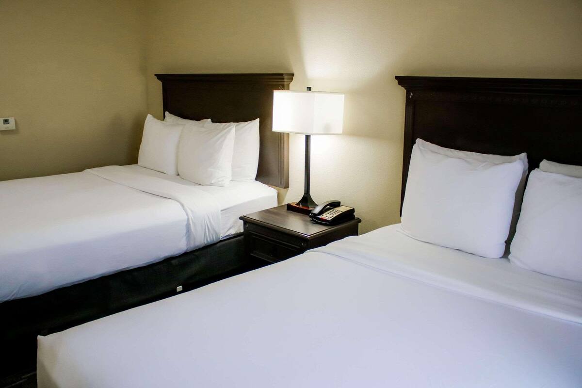 A hotel room with two single beds, a nightstand with a lamp, and a phone.