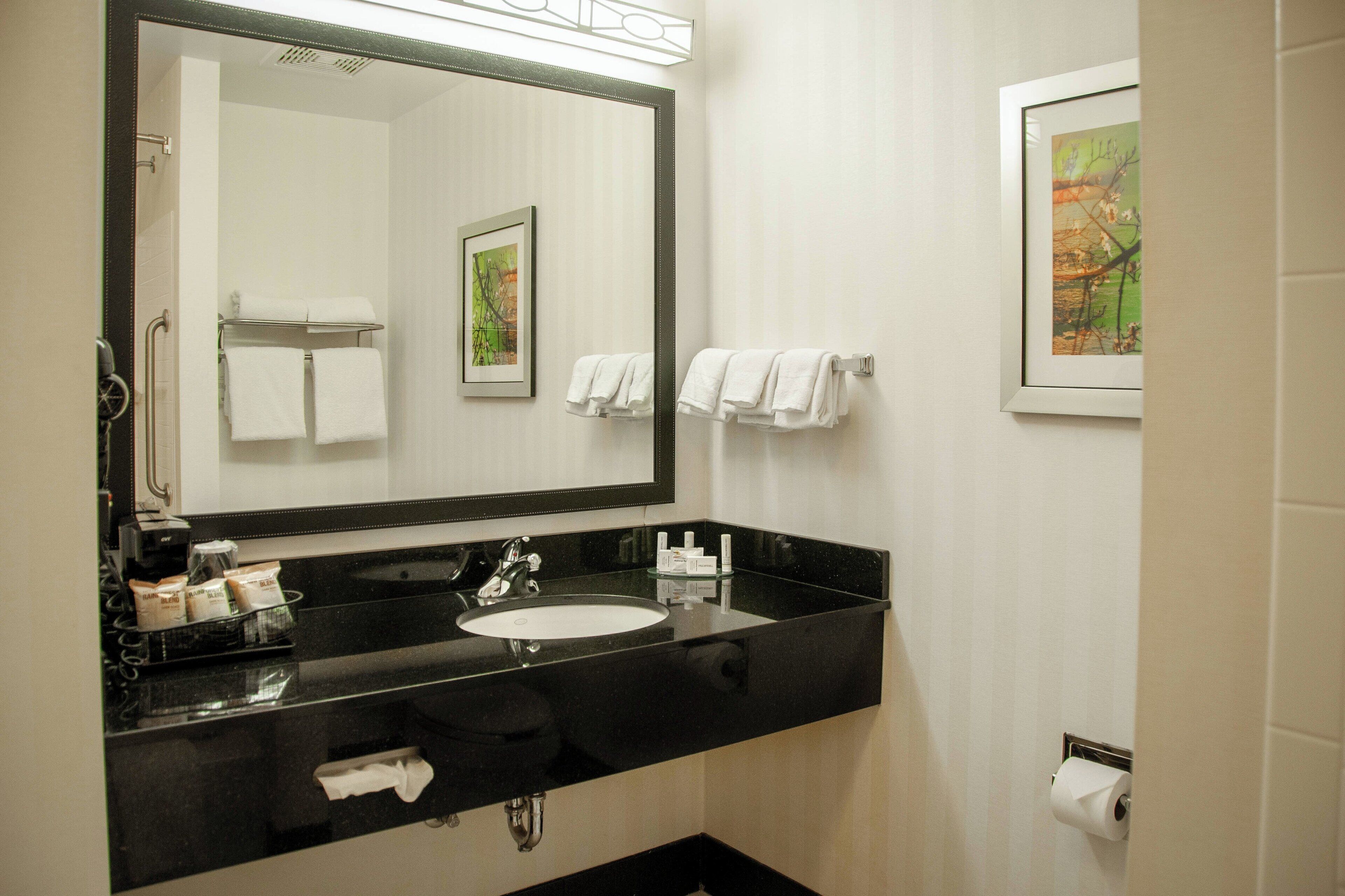 combined shower/bathtub, free toiletries, hair dryer, towels