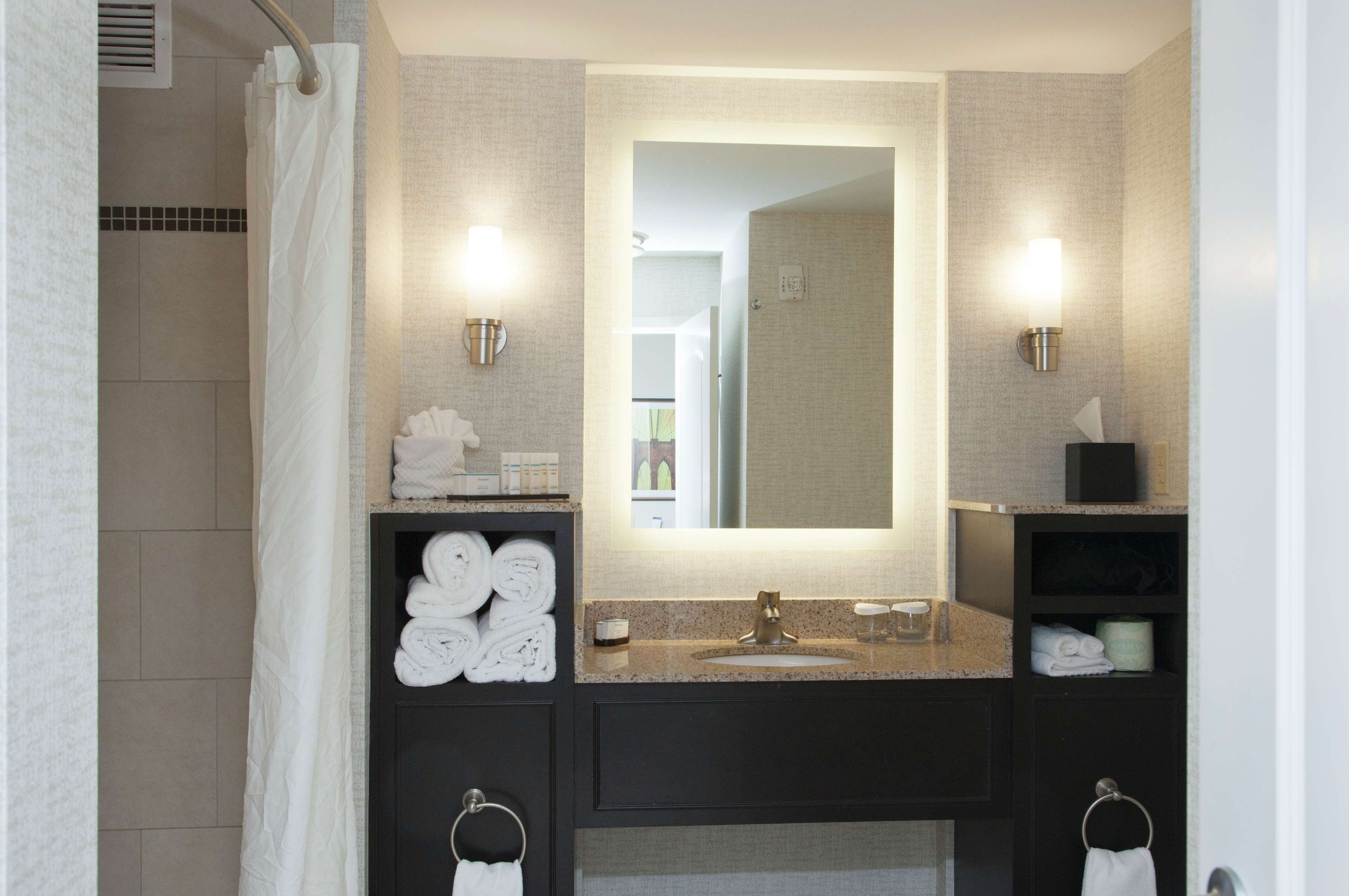 combined shower/bathtub, free toiletries, hair dryer, towels