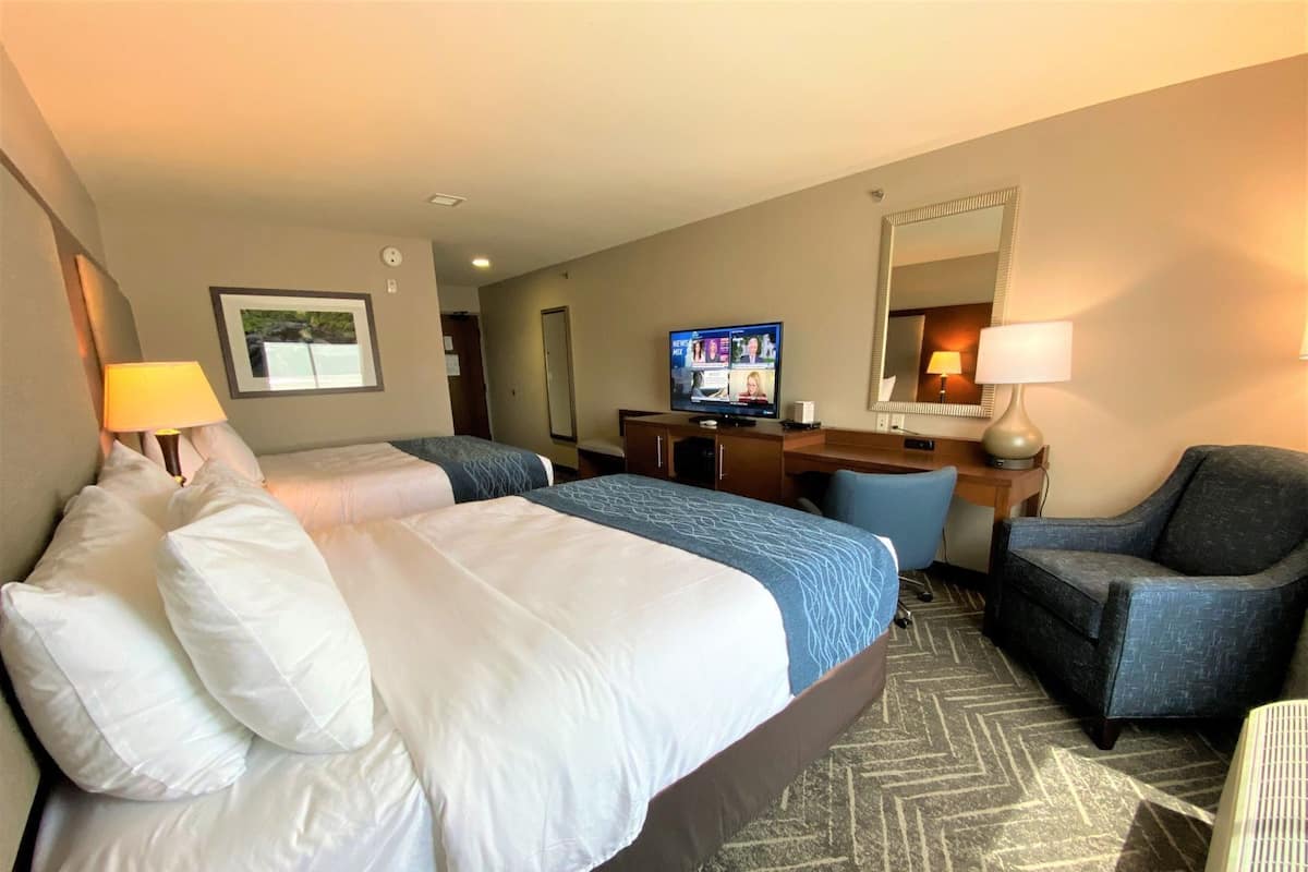 A hotel room with two beds, a desk, a television, a chair, and a mirror.