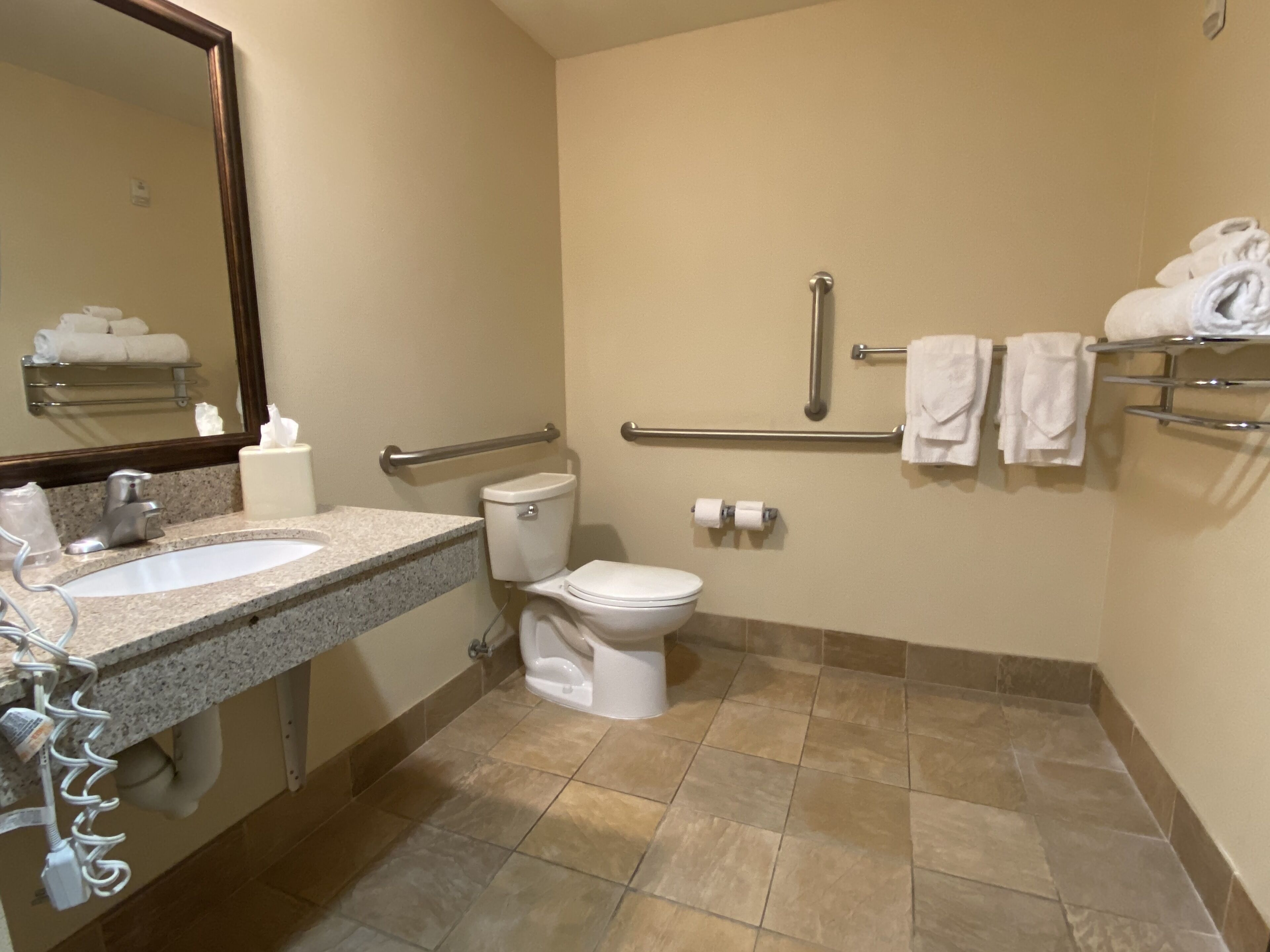 Baño con lavamanos, inodoro y barras de apoyo.