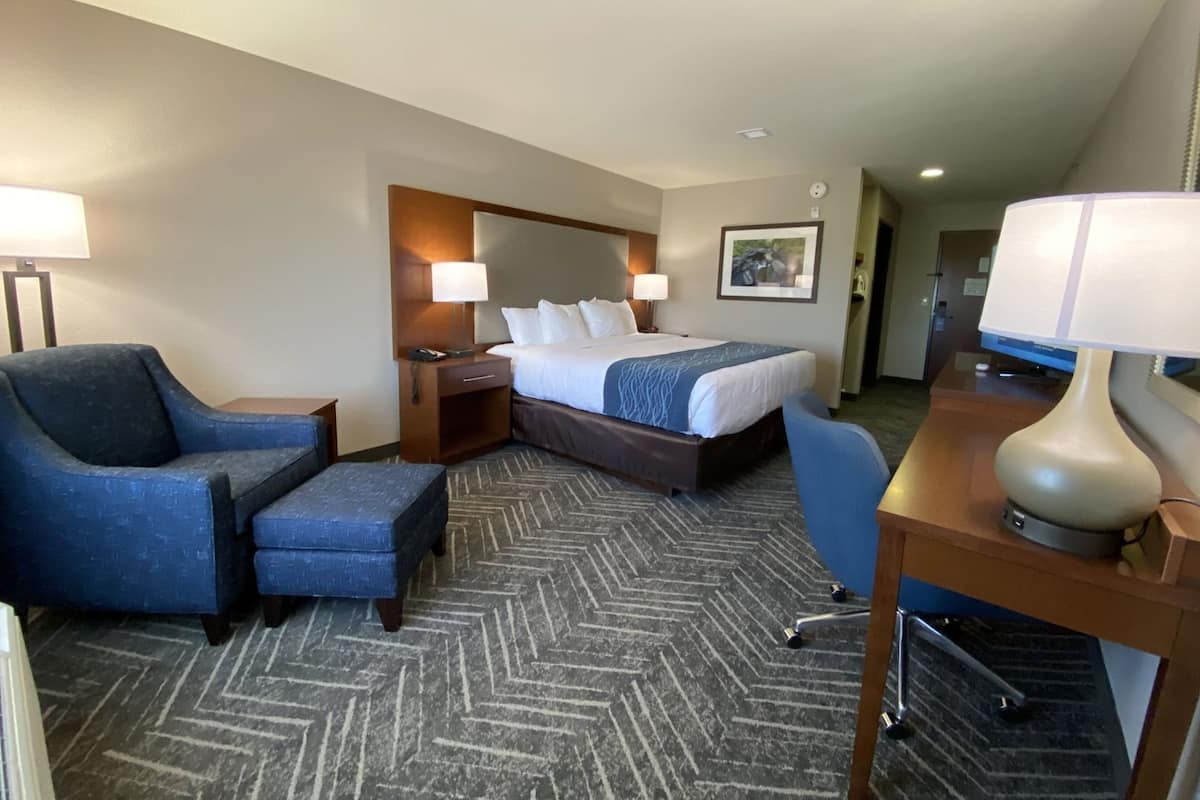 A hotel room with a bed, two chairs, a desk, and a lamp.