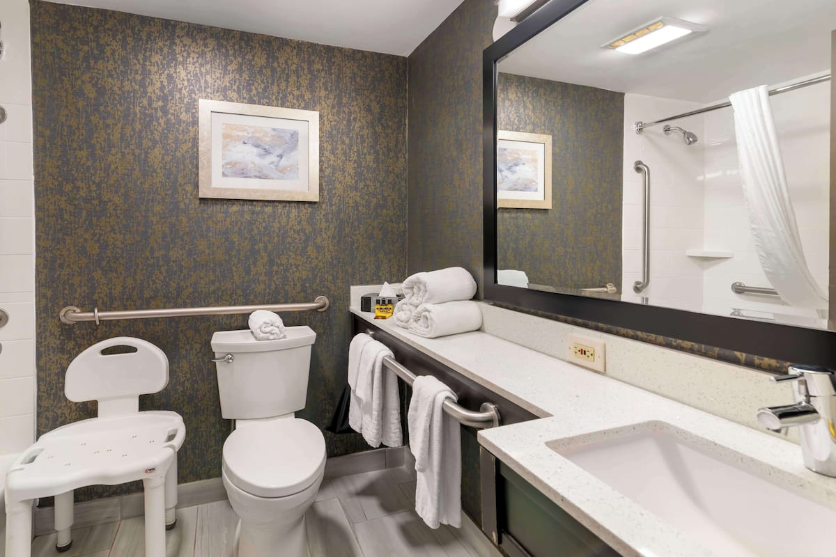 A bathroom with a toilet, a sink, a shower, a handrail, and a towel rack.