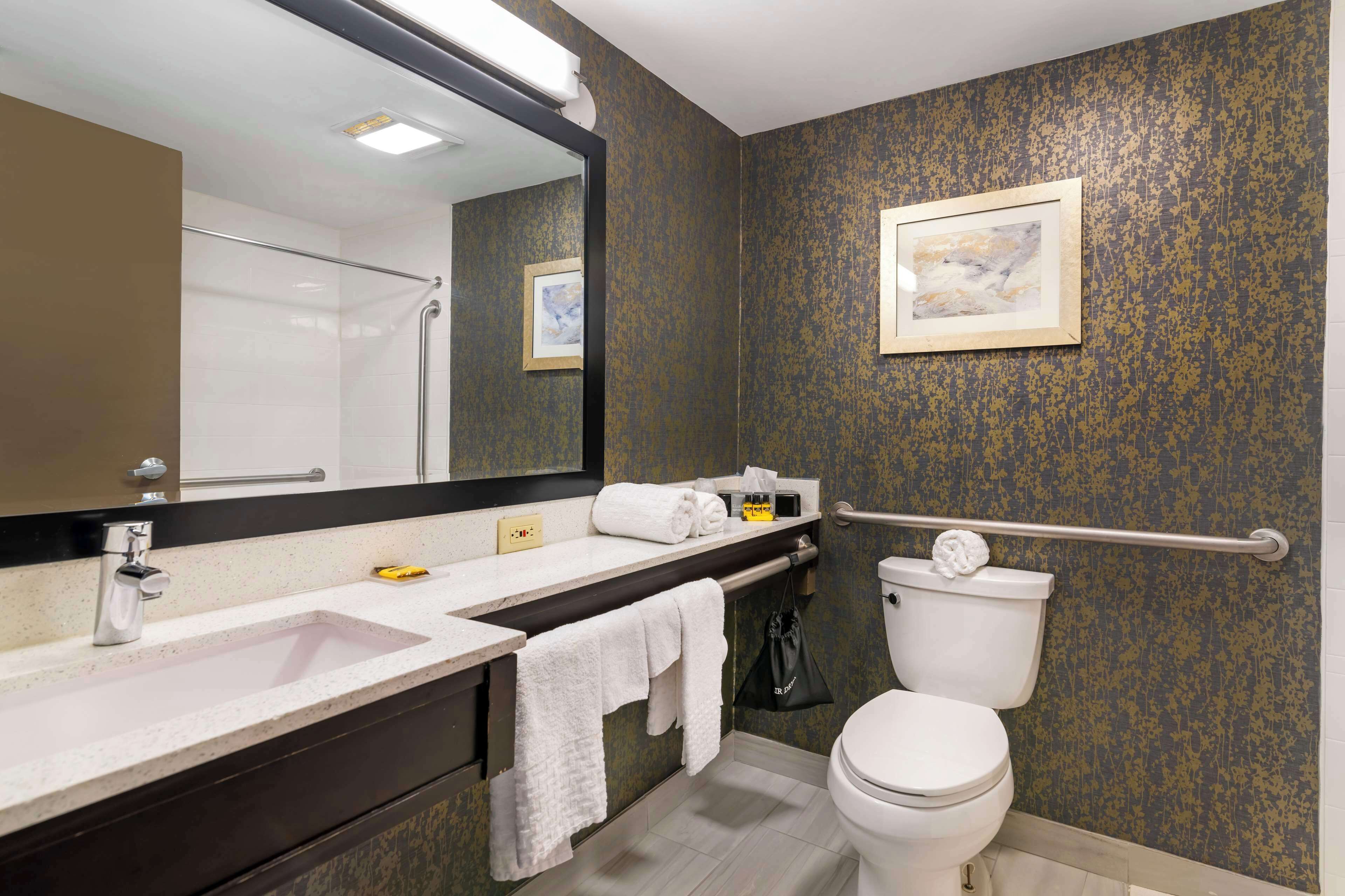 A bathroom with a white sink, a mirror, a toilet, and a towel rack.