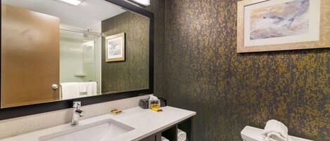 A bathroom with a white sink, a mirror, a toilet, and a framed artwork on the wall.