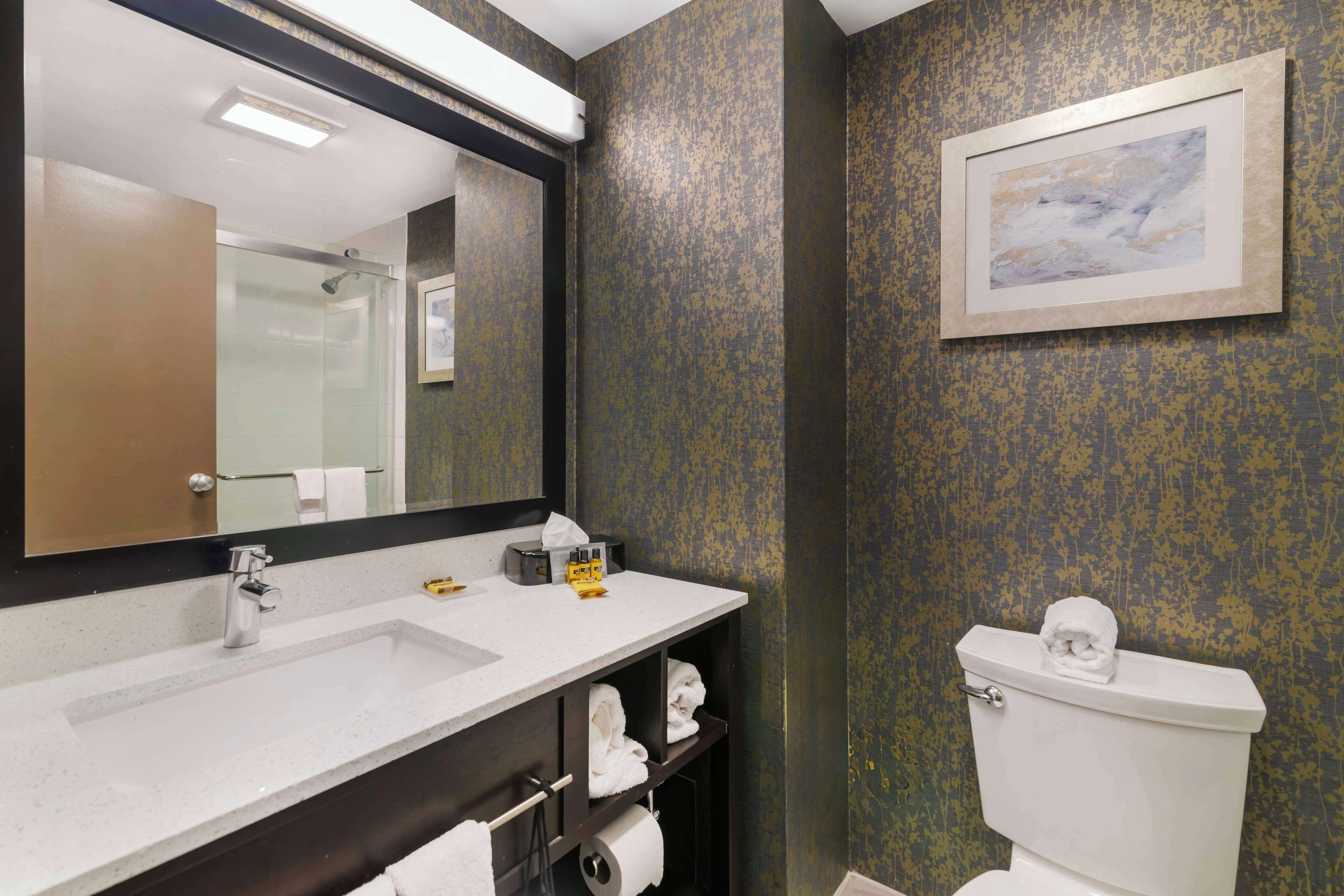 A bathroom with a white sink, a mirror, a toilet, and a framed artwork on the wall.
