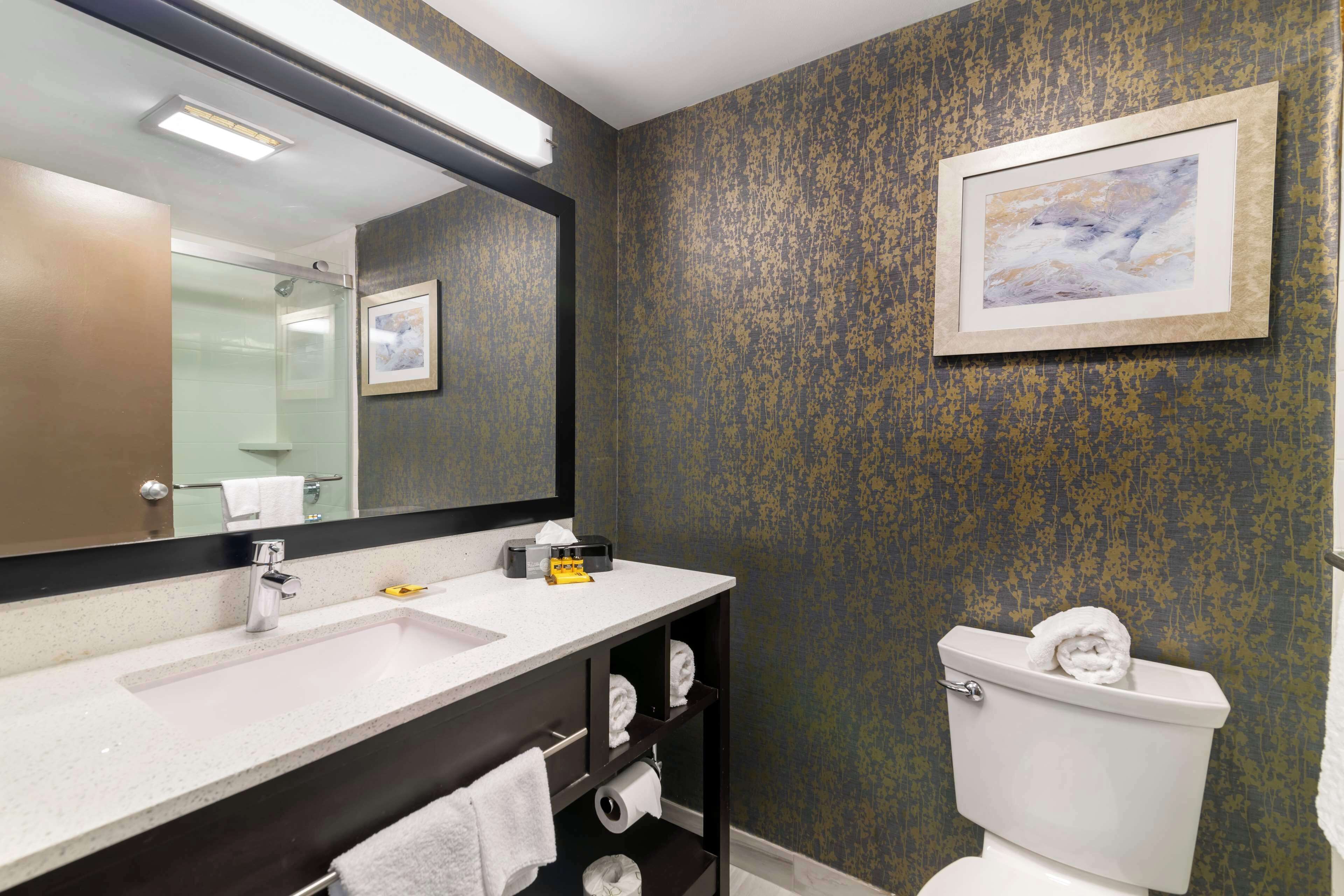 A modern bathroom with a large mirror, white sink, and toilet. There is a framed picture on the wall and a towel rack.