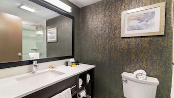 A modern bathroom with a large mirror, white sink, and toilet. There is a framed picture on the wall and a towel rack.