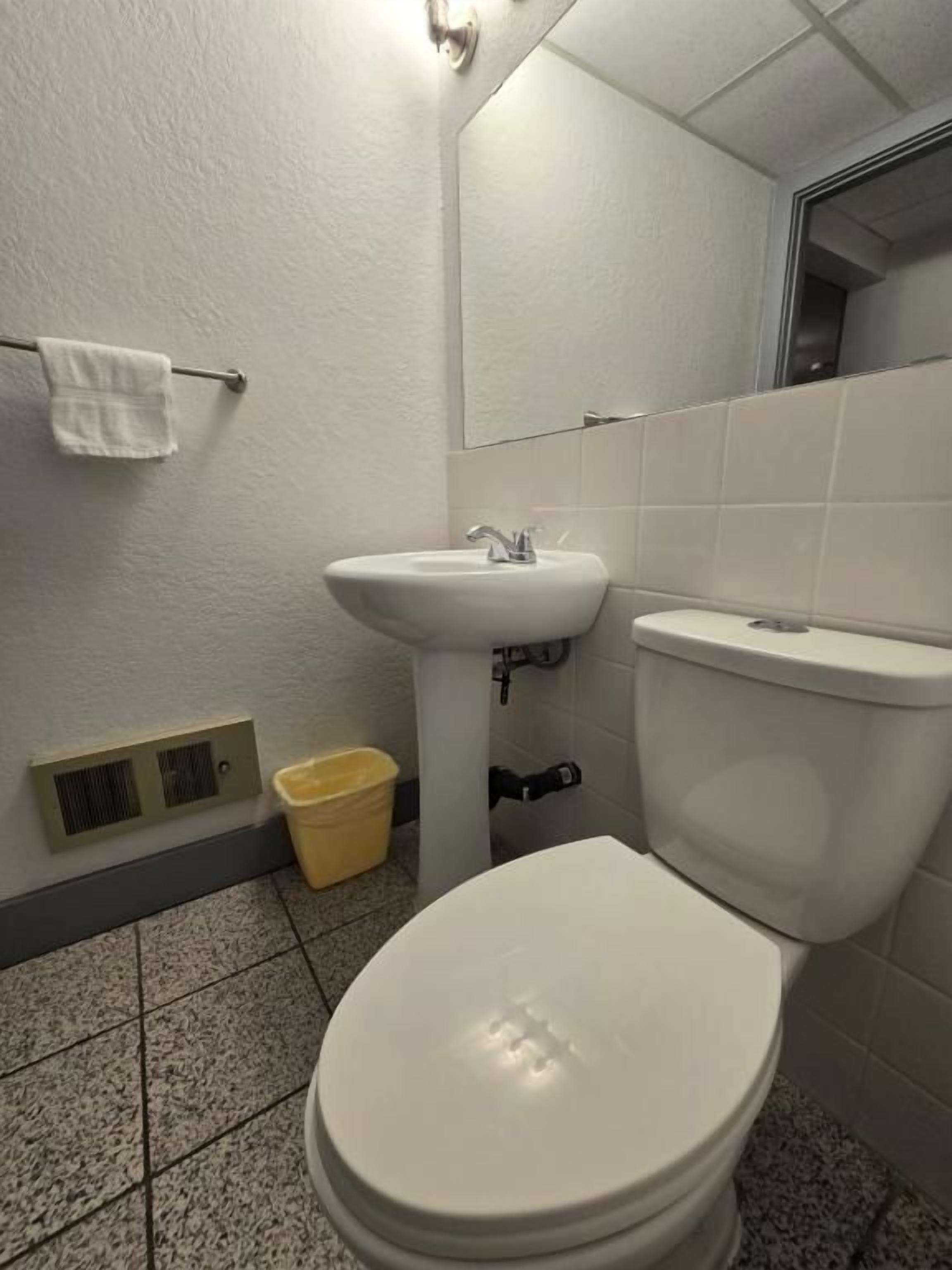 Ein Badezimmer mit Toilette, Waschbecken und Spiegel. An der Wand befindet sich ein Handtuchhalter und ein Mülleimer.