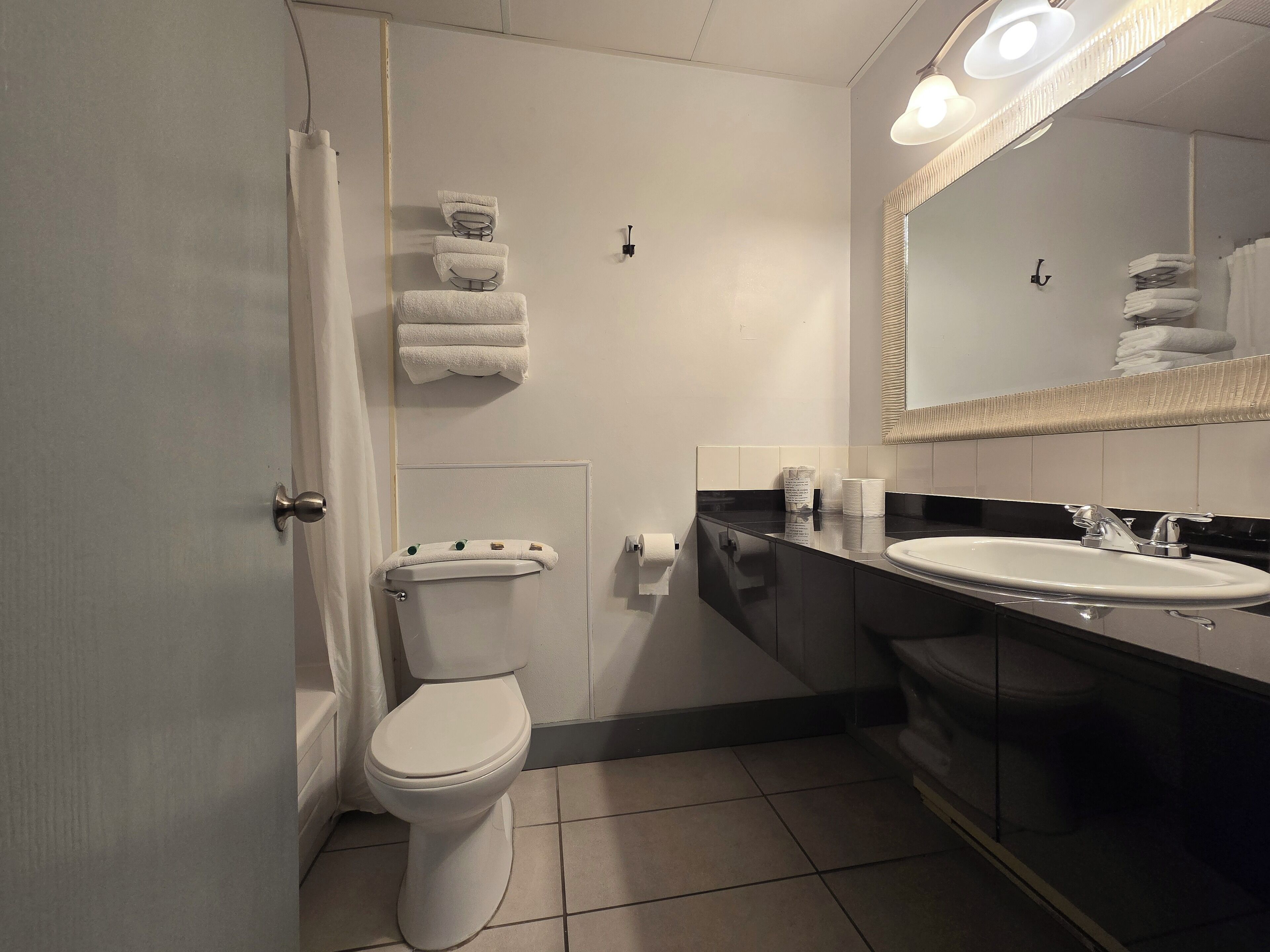 Ein Badezimmer mit Toilette, Waschbecken und Handtuchhalter.