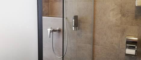 A modern bathroom with a glass shower enclosure, a towel rack, and a toilet paper dispenser.