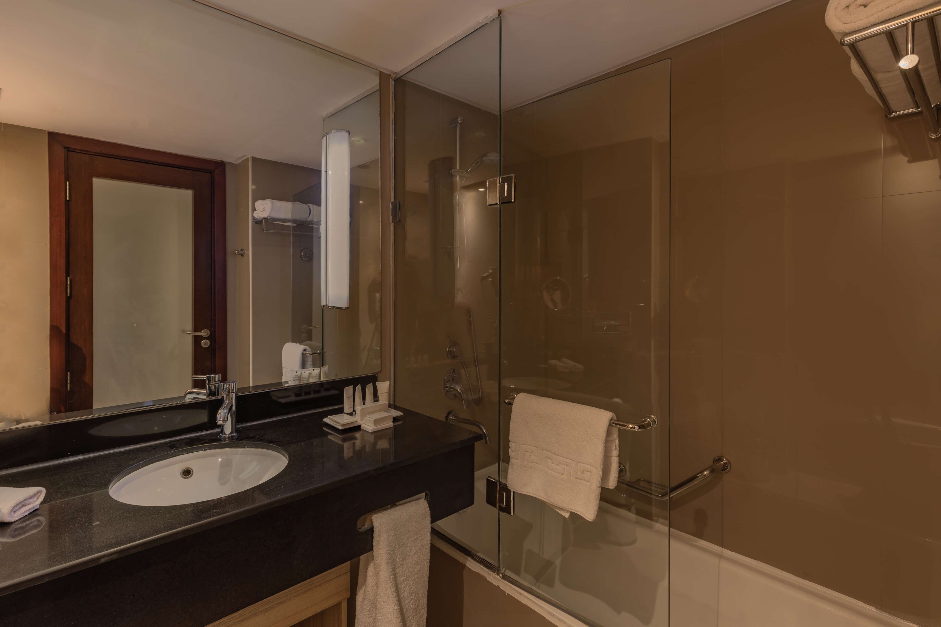 A modern bathroom with a glass shower enclosure, a sink with a mirror, and a towel rack.