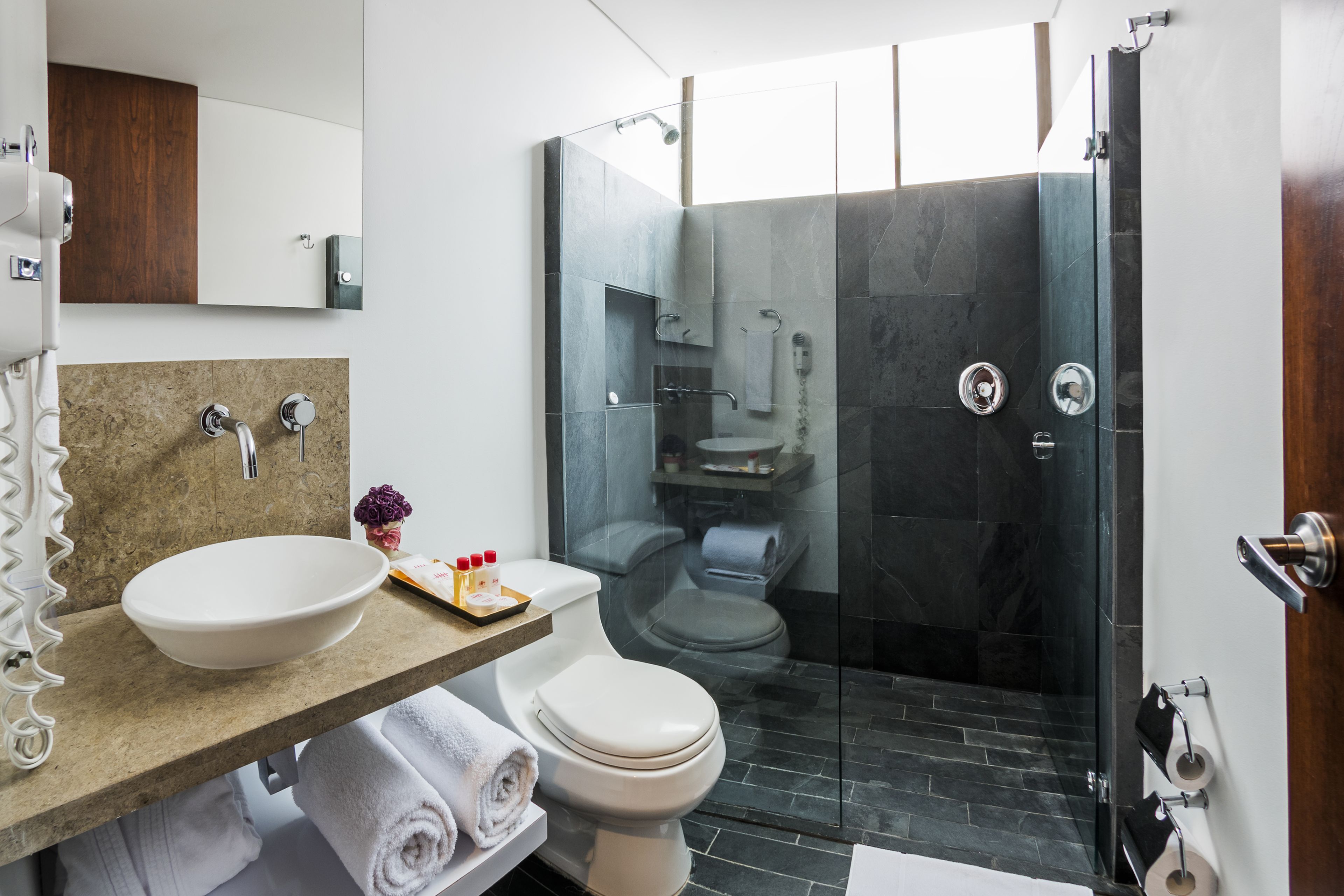 shower, rainfall showerhead, free toiletries, hair dryer