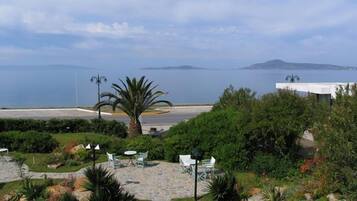 Vista costera con un patio, palmeras y una vista del mar y islas lejanas.