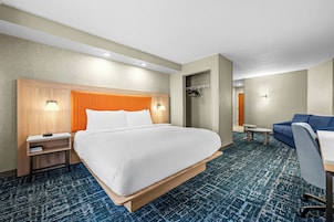 Habitación de hotel con una cama grande, un escritorio, una silla, un armario y una mesita.