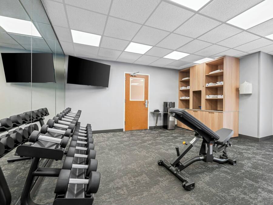A gym with dumbbells, a bench press, and a weight rack.