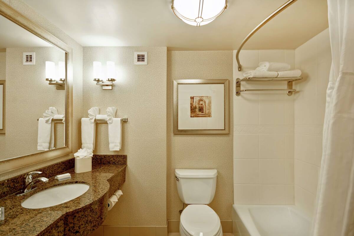 A bathroom with a granite sink, a toilet, a framed picture on the wall, and a towel rack.
