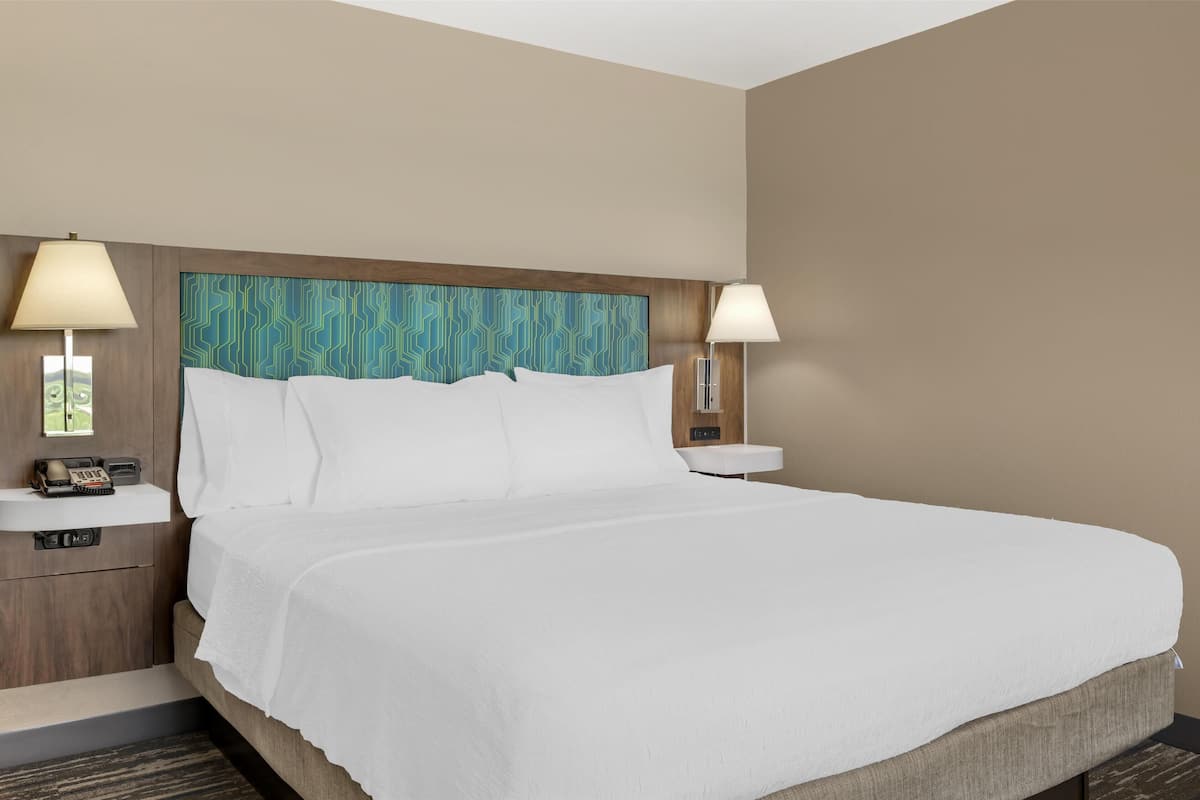 A hotel room with a large bed, two bedside tables, a headboard with a geometric pattern, and two wall-mounted lamps.